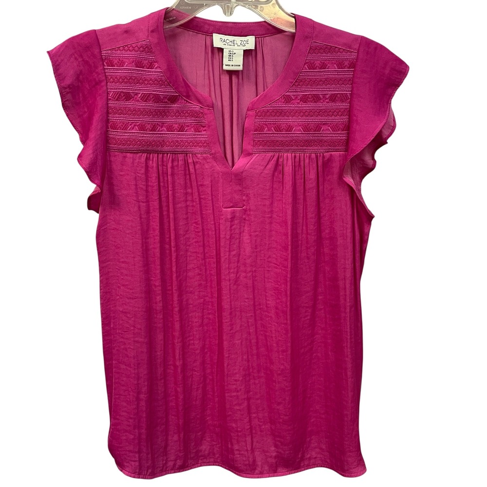 Rachel Zoe Pink Embroidered Flutter Sleeve‎ Blouse Top Size S